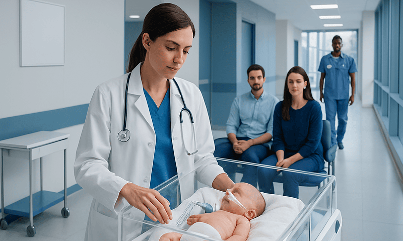 Pediatric nurse caring for a baby in a hospital nursery.
