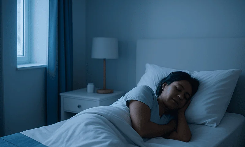 Woman sleeping peacefully in a cozy bedroom with blue lighting.