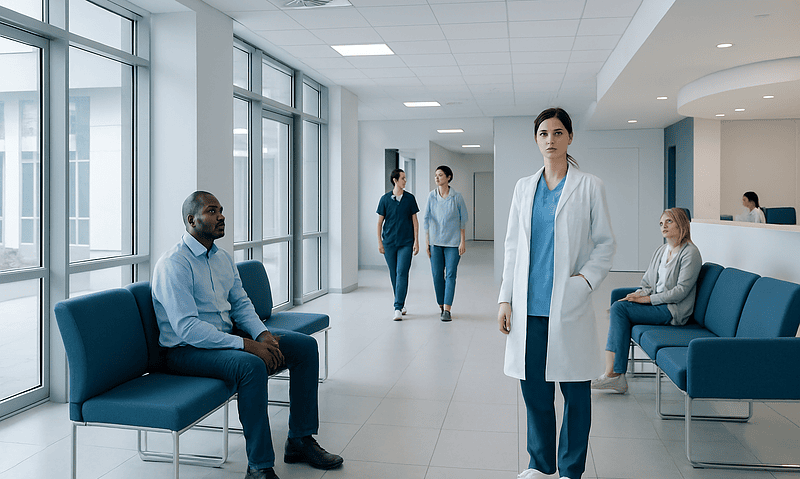 Modern hospital waiting area with medical staff and patients.