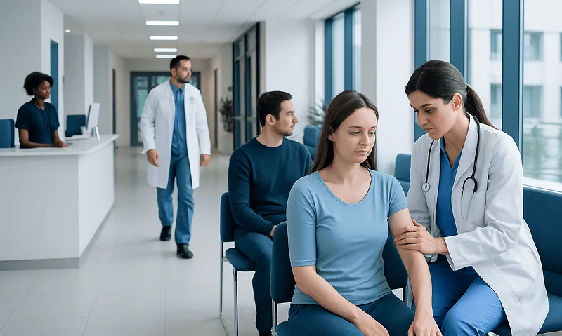 Doctor examining a patient's arm in a modern hospital corridor.