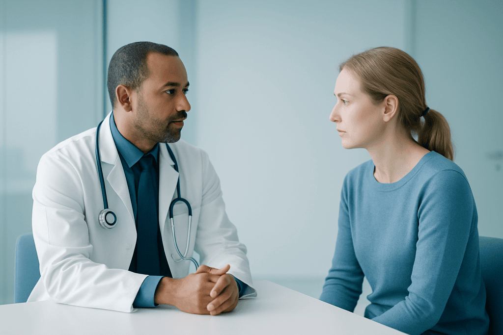 Buccal Fat Removal 1 Doctor consulting with a young female patient in a medical office.