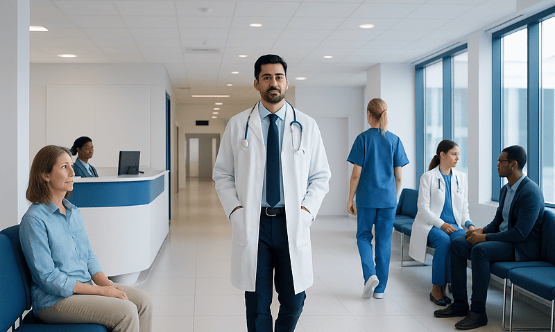 Medical professionals and patients in a modern hospital corridor.