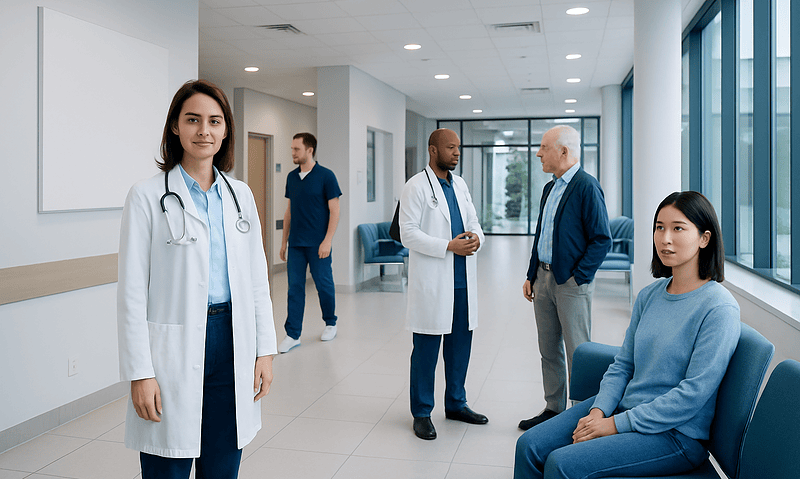 Medical professionals and patient in a modern hospital corridor.