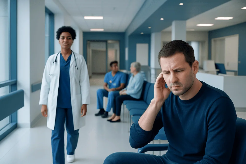 Bug in Ear: Safe Steps and When to Seek Care 1 Patient experiencing ear pain in hospital corridor with medical staff nearby.