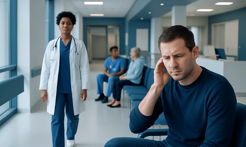 Patient experiencing ear pain in hospital corridor with medical staff nearby.