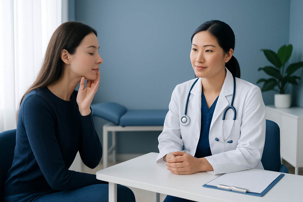 Doctor consulting with a patient about facial skin care.