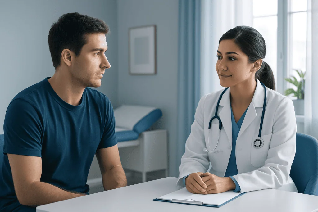 Doctor consulting patient in a medical office setting.