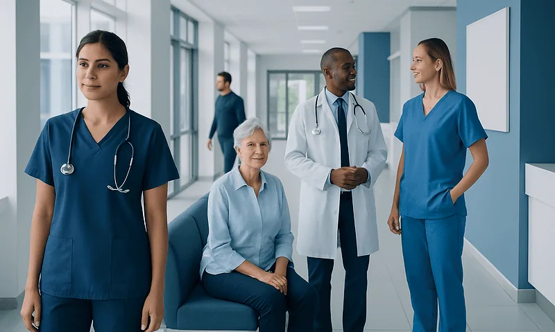 Healthcare professionals and a patient in a hospital corridor.