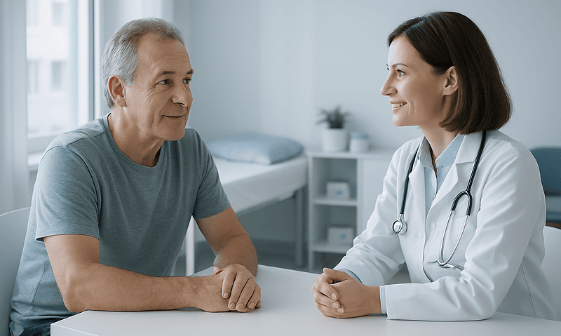 Doctor consulting with a middle-aged male patient in a medical office.