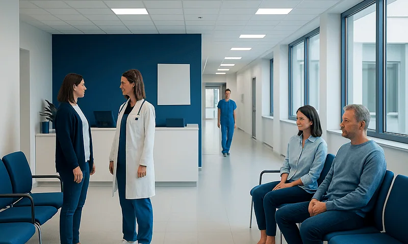 Hospital waiting area with patients and medical staff.