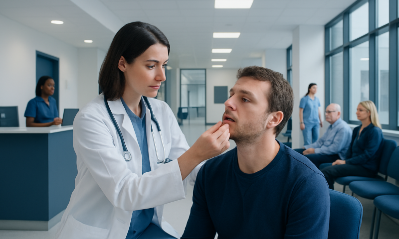 Doctor examining a patient's lip in a modern hospital setting.