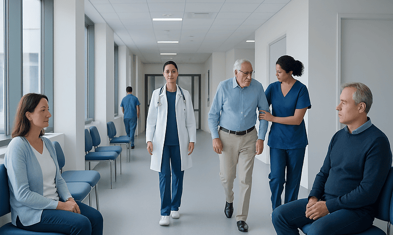 Patients and healthcare professionals in a hospital corridor.
