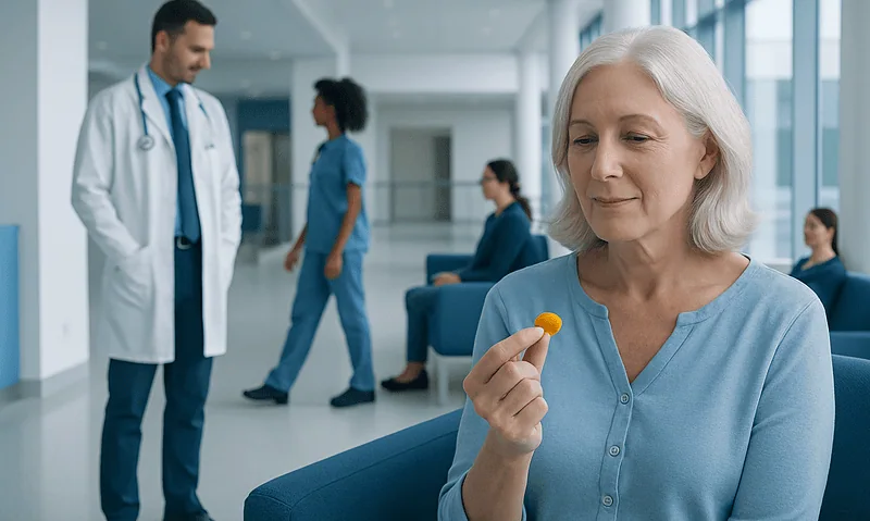 Elderly woman holding a pill in a hospital waiting area.