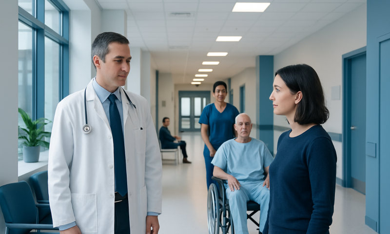 Doctor and patient in hospital corridor discussing treatment options.