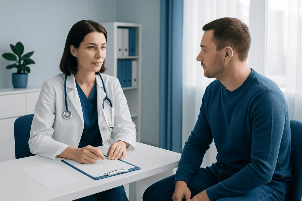 Doctor consulting with patient in a medical office setting.