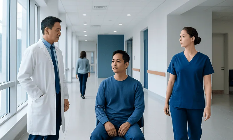 Doctor consulting with patient in hospital corridor.