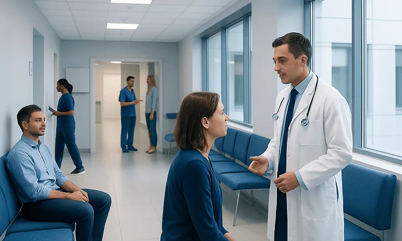 Doctor consulting a patient in a hospital corridor with other staff in the background.