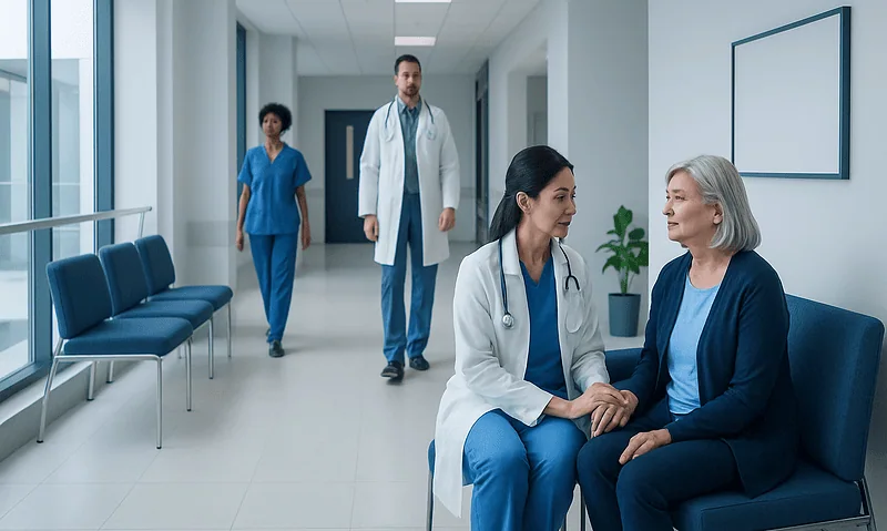 Compassionate gynecologist consulting with elderly patient in hospital corridor.