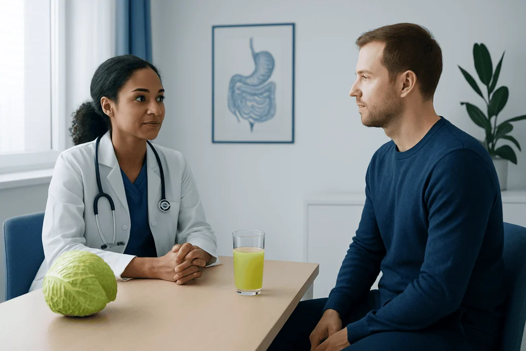 Doctor consulting with patient about digestive health in clinic setting.