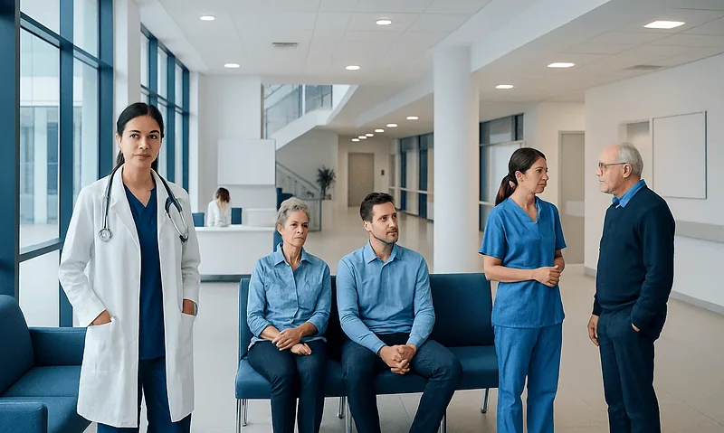 Medical team and patients in a modern hospital lobby.