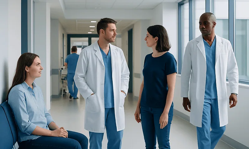 Medical team discussing patient care in hospital corridor.