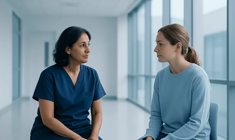Doctor and patient having a consultation in a modern hospital corridor.