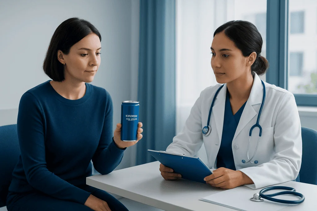 Doctor explaining energy drink effects to patient in clinic setting.