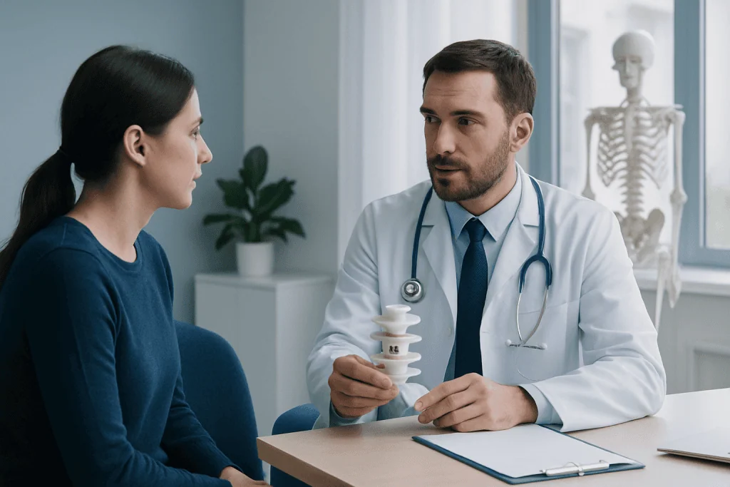 Doctor explaining spinal model to patient in a medical consultation.