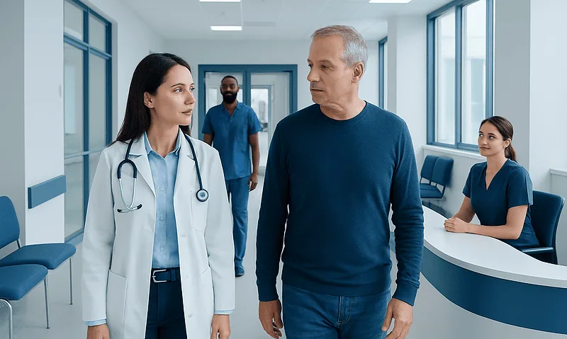 Doctor and patient having a conversation in a hospital corridor.