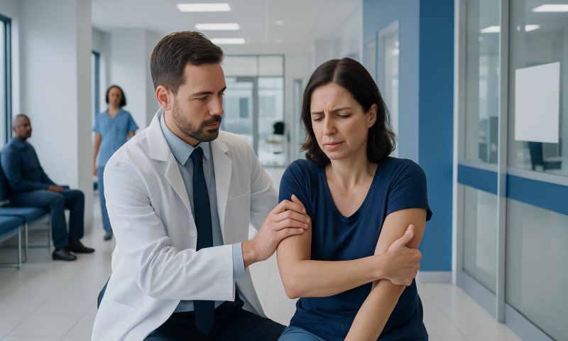 Doctor examining a woman's shoulder in a hospital corridor.