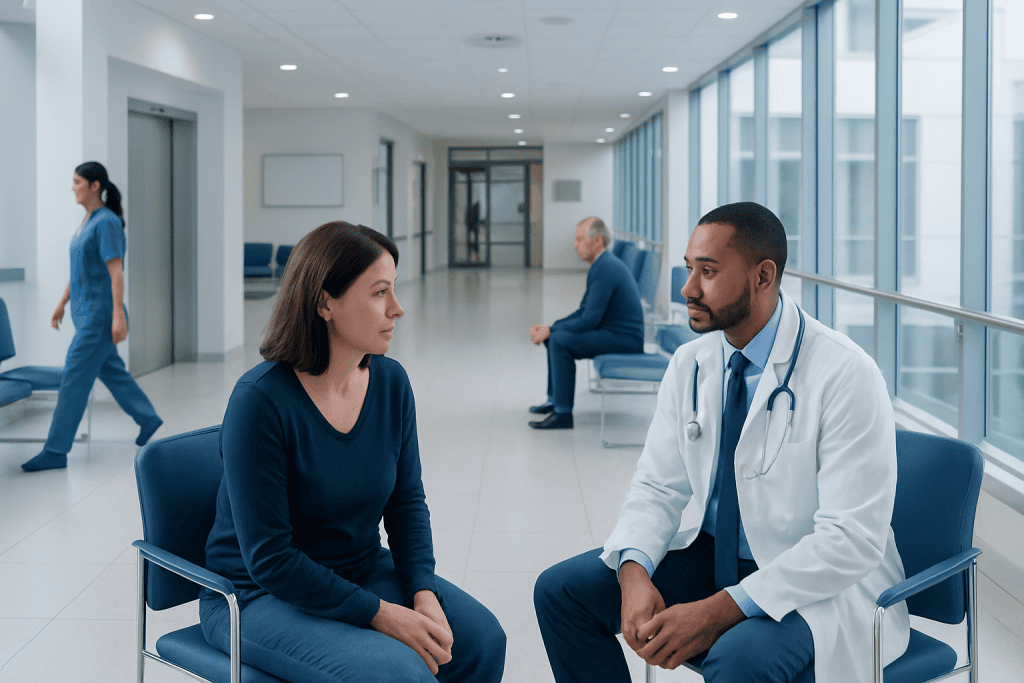 Calcinosis: Symptoms, Causes, and Treatment Options 1 Doctor consulting with a female patient in a modern hospital corridor.