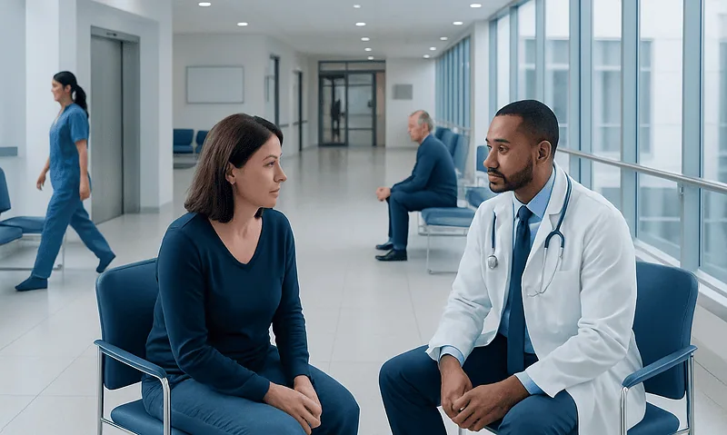 Doctor consulting with a female patient in a modern hospital corridor.