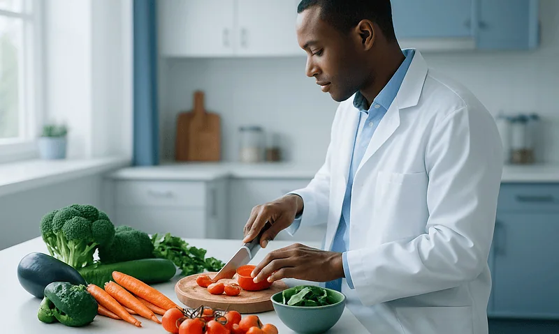 Man preparing fresh vegetables in a modern kitchen for healthy eating.