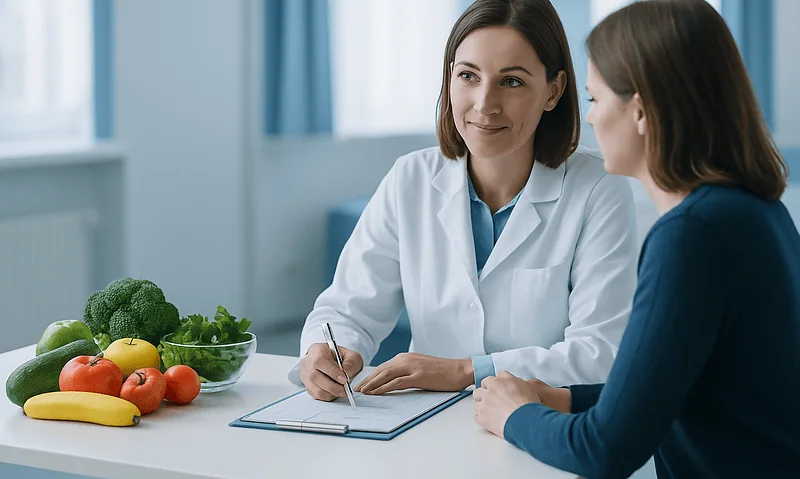 Doctor consulting patient about nutrition and supplements in a clinic setting.