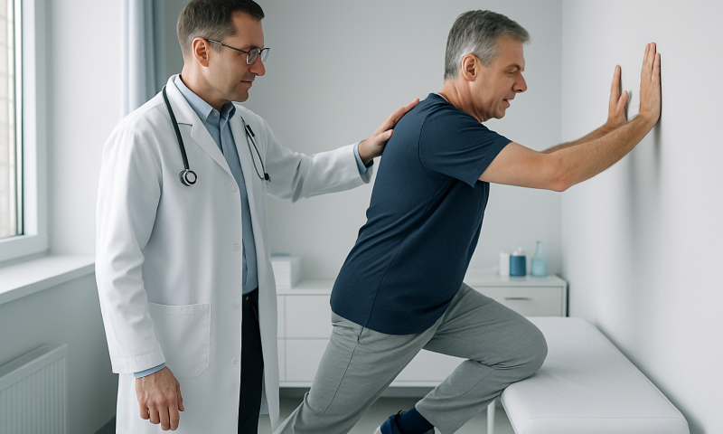 Doctor assisting patient with calf stretch exercise in clinic.