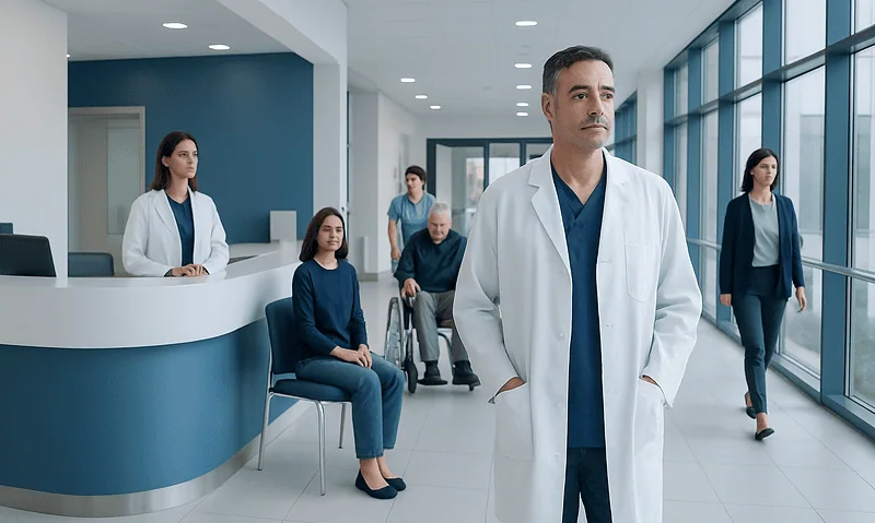 Medical team waiting in a modern hospital corridor with large windows.