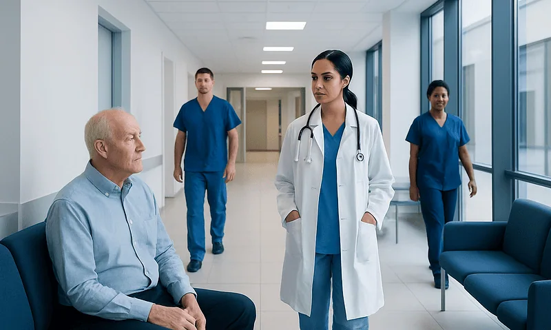 Doctor consulting elderly patient in hospital corridor with nurses nearby.