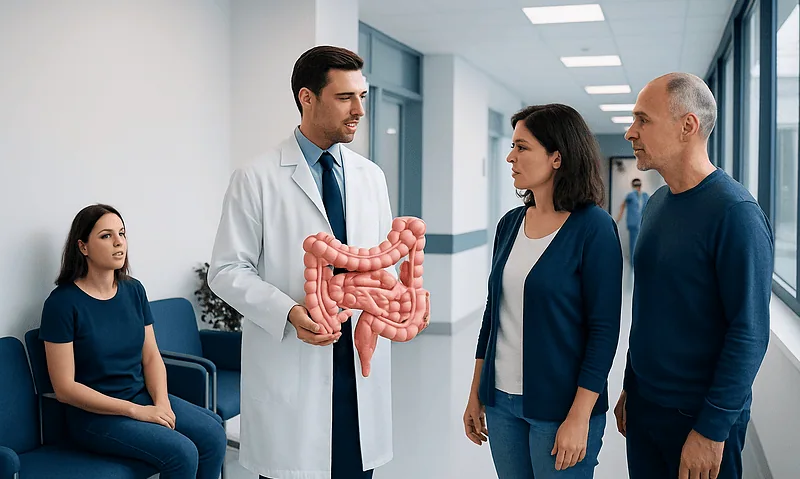 Doctor explaining colon health to patients in a hospital corridor.