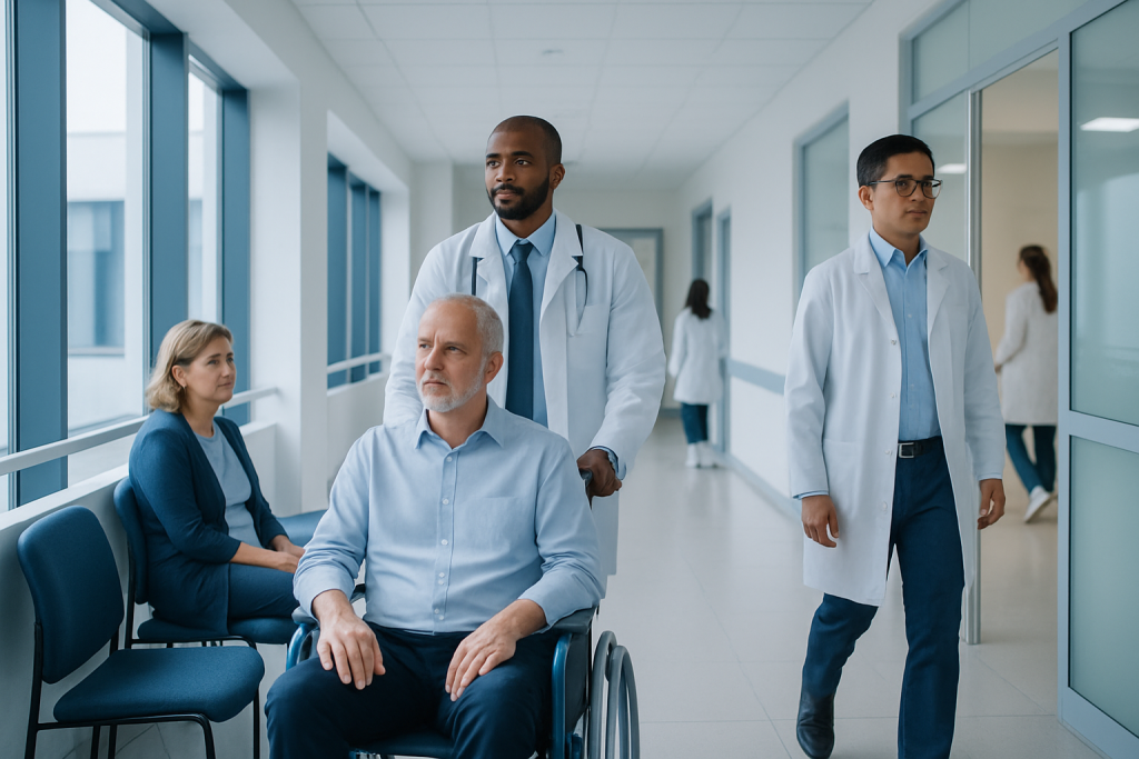 Can a Colonoscopy Detect Prostate Cancer: Preparation, Procedure and Results 1 Medical team and patient in hospital corridor at Acibadem Hospitals Group.