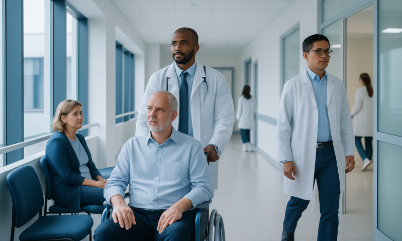 Medical team and patient in hospital corridor at Acibadem Hospitals Group.