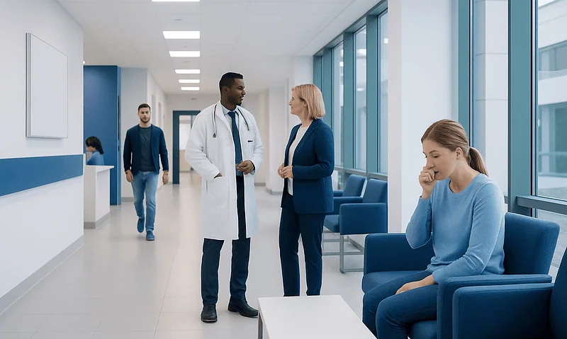 Doctor consulting with a patient in a modern hospital corridor.