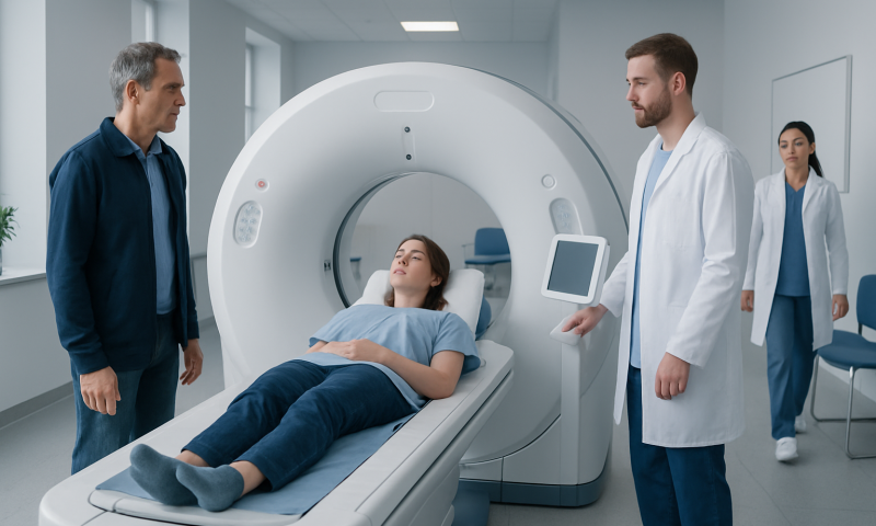 Patient undergoing a CT scan in a modern hospital setting.