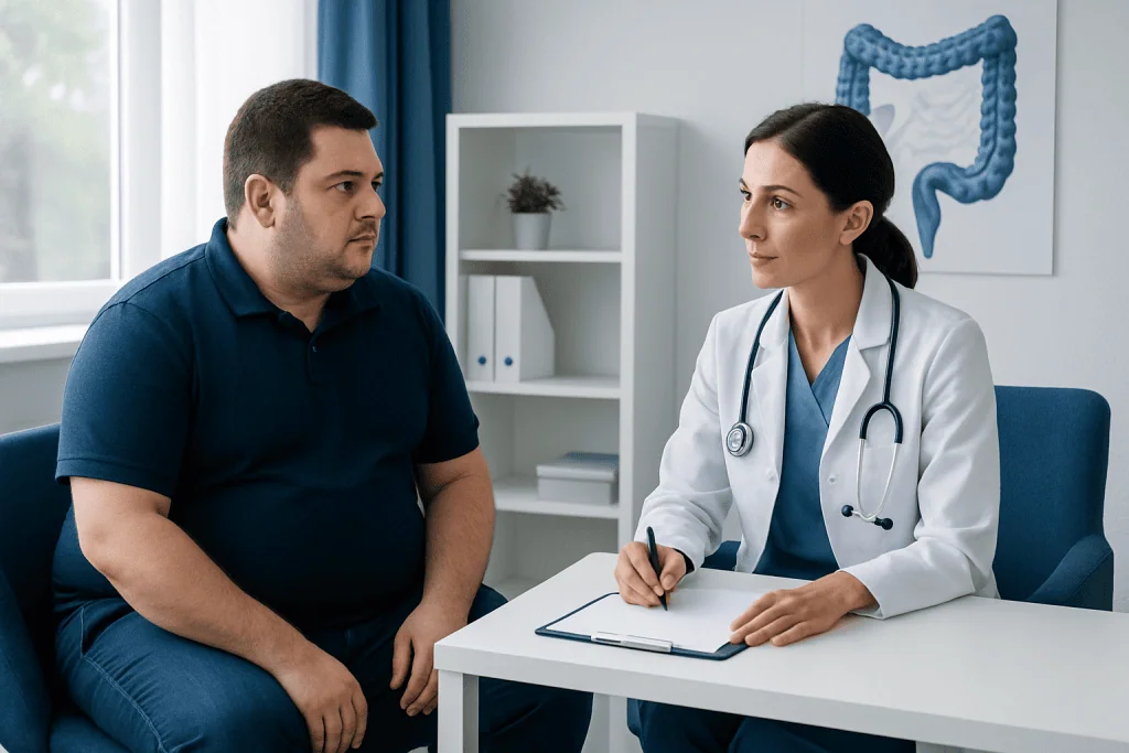 Doctor consulting patient about fecal transplant procedure in a clinic room.