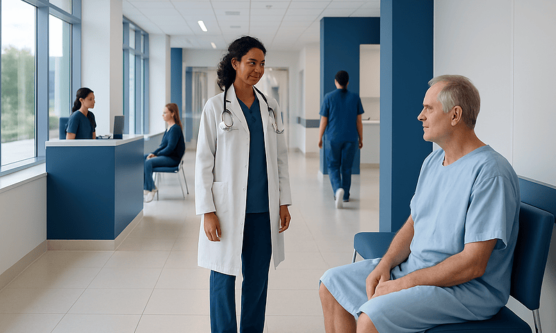 Doctor consulting with a patient in a hospital corridor at Acibadem Hospitals Group.