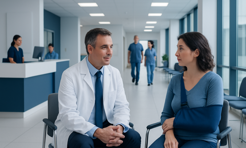 Doctor consulting with a patient in a modern hospital corridor.