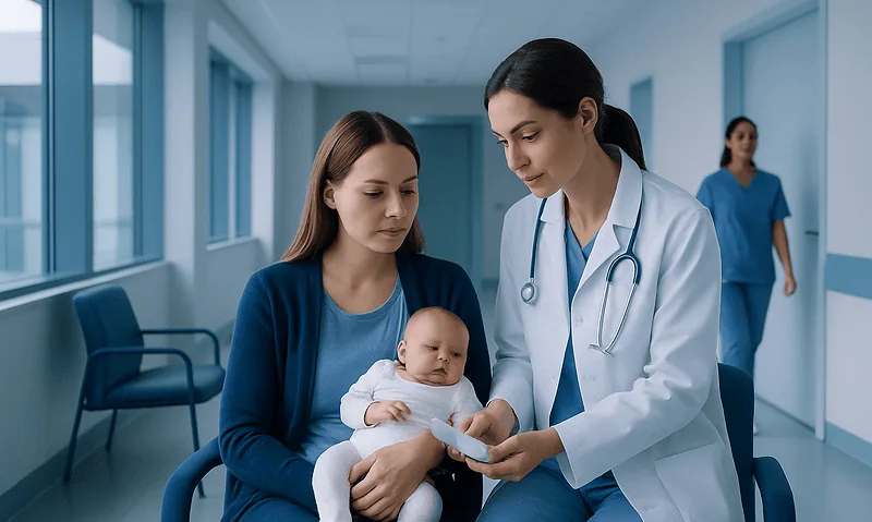 Doctor consulting with mother and baby in hospital corridor.