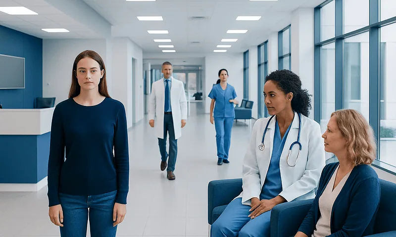 How to Delay Your Period by One Week Safely 8 Young woman waiting in hospital corridor with medical staff nearby.