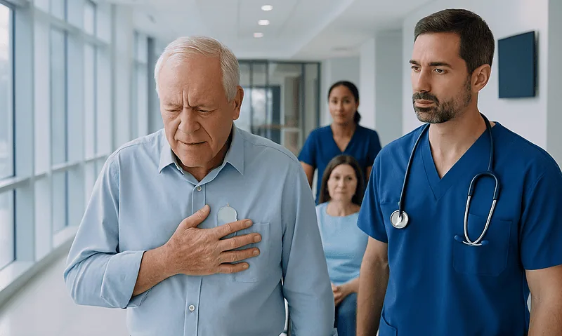 Can You Still Have a Heart Attack Even with Pacemaker? Causes, Explanations, and Next Steps 9 Elderly man experiencing chest pain in hospital corridor with medical staff nearby.