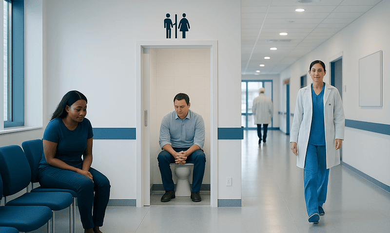 Patient waiting in a hospital corridor near restroom door with male and female icons.