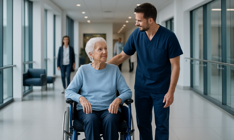 Healthcare professional assisting elderly woman in wheelchair in hospital corridor.